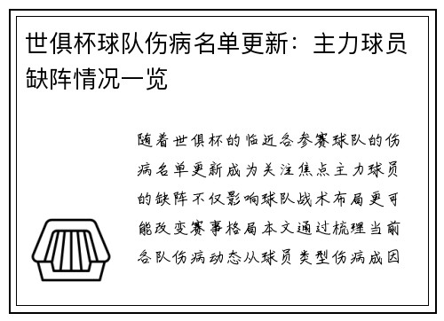 世俱杯球队伤病名单更新：主力球员缺阵情况一览