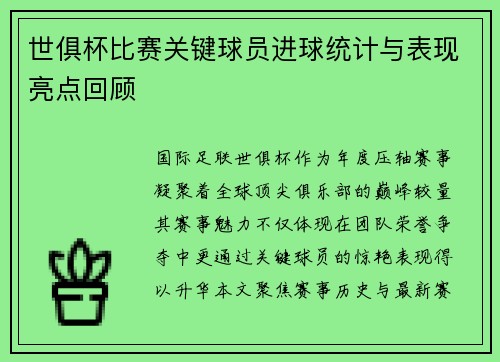 世俱杯比赛关键球员进球统计与表现亮点回顾